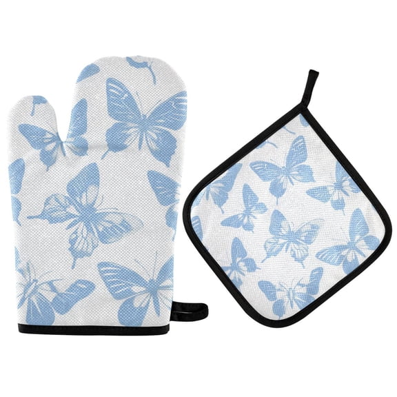 Yayeee Oven Mitts and Pot Holder Set of 2 Heat Resistant Kitchen Gloves Baking Hot Pad, Blue Butterfly