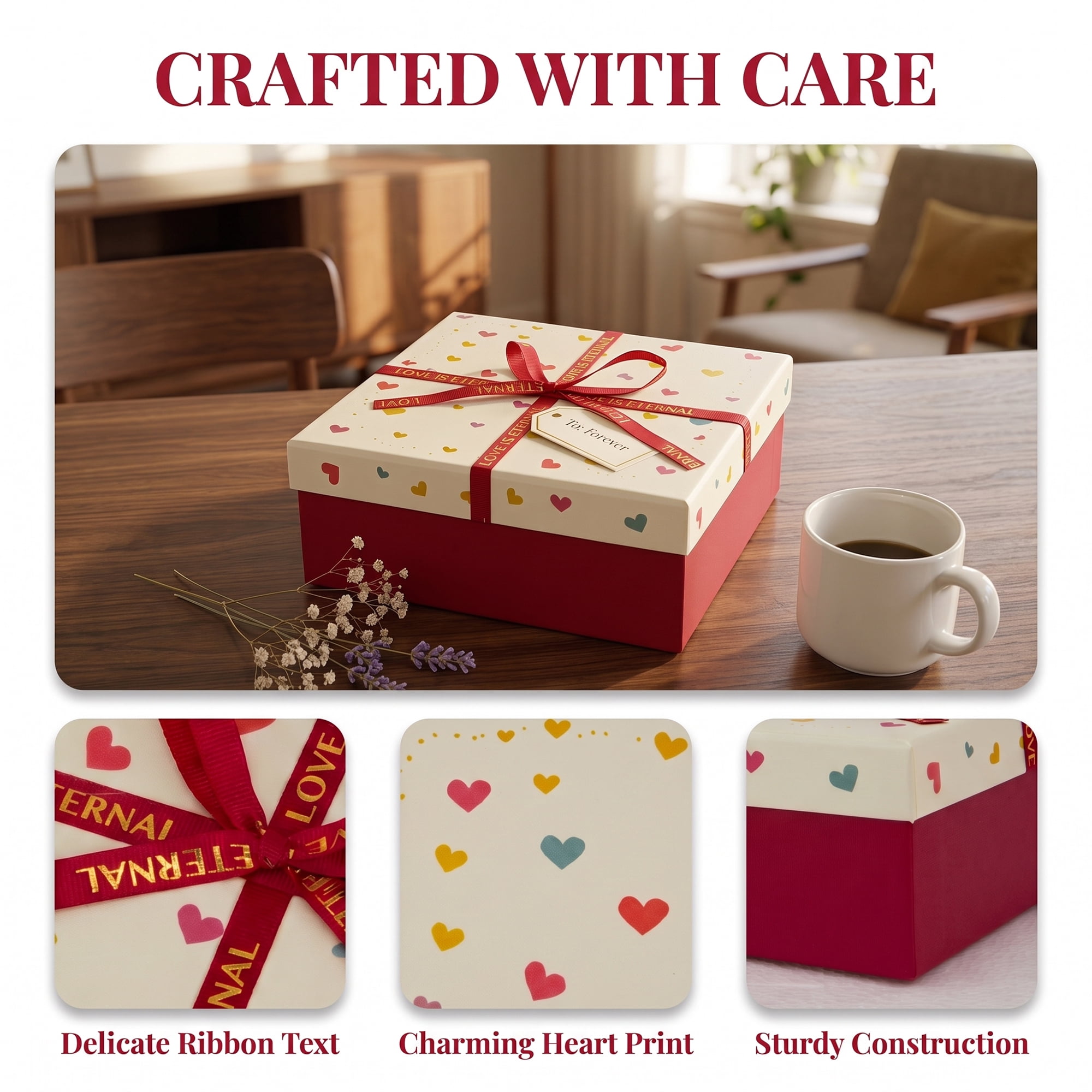 Unique Bargains Colorful Heart Shaped Ribbon Versatile Gift Box Red 7.9" x 7.1" x 3.1"