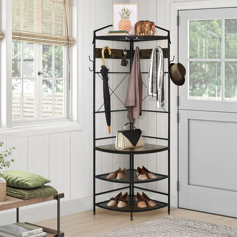 AWQM Corner Hall Tree, Rustic Brown, Entryway Stand with Hooks