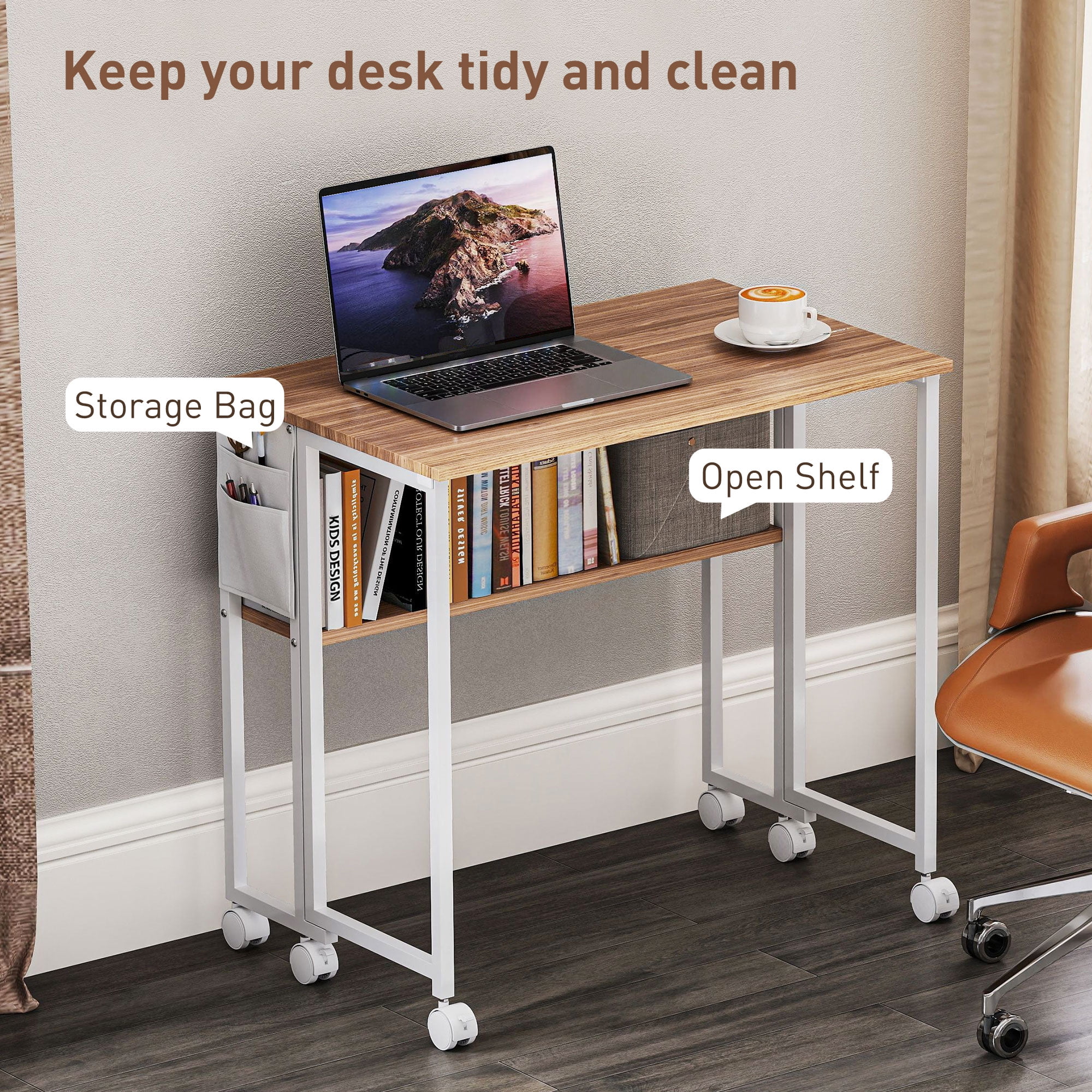 HOMCOM Small Folding Desk, 31.5" Foldable Computer Desk with Storage Bag, Shelf and Wheels for Small Spaces, Home Office, Easy Assembly, Natural Wood