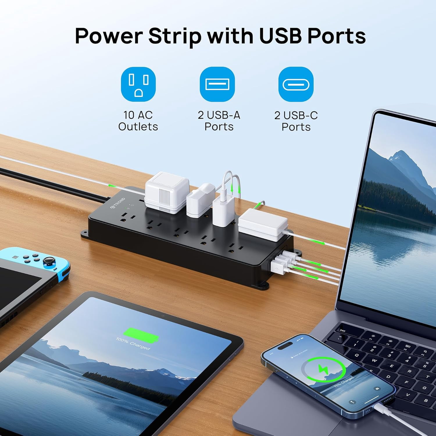 TROND Power Strip Surge Protector, ETL Listed, Flat Plug 15ft Long Extension Cord, 10 Widely Spaced AC Outlets, 2 USB A & 2 USB C Ports, 4000J, Wall Mount/Screw On, Under Desk/Cabinet/Counter, Black