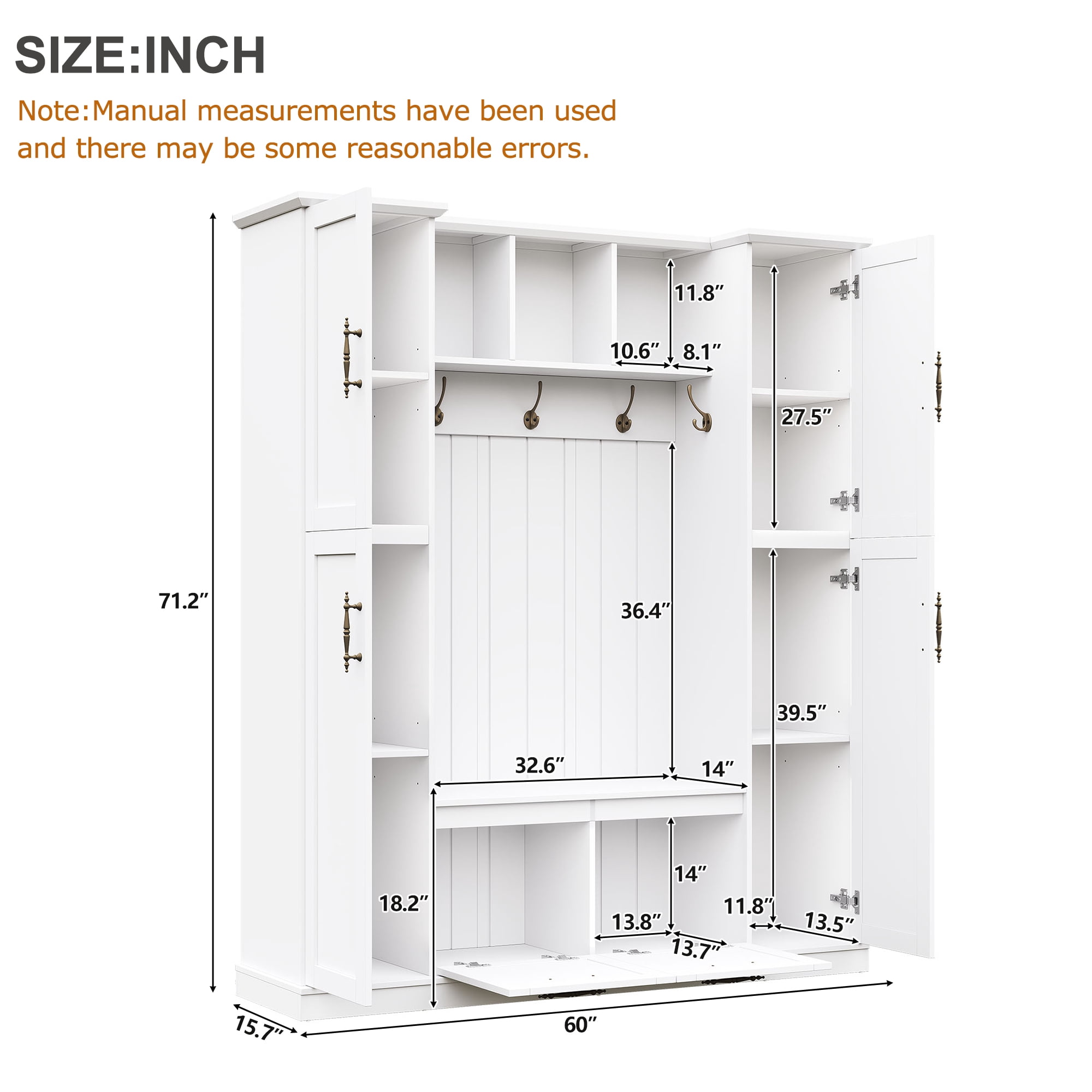 Homy Casa 60" Farmhouse Hall Tree with Built-in Bench, Coat Rack, 5 Hooks & Cabinets, White