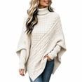 thumbnail image 6 of Women's Cable Knit Poncho Sweater Turtleneck Long Sleeve Loose Fit Casual Pullover Top, 6 of 6