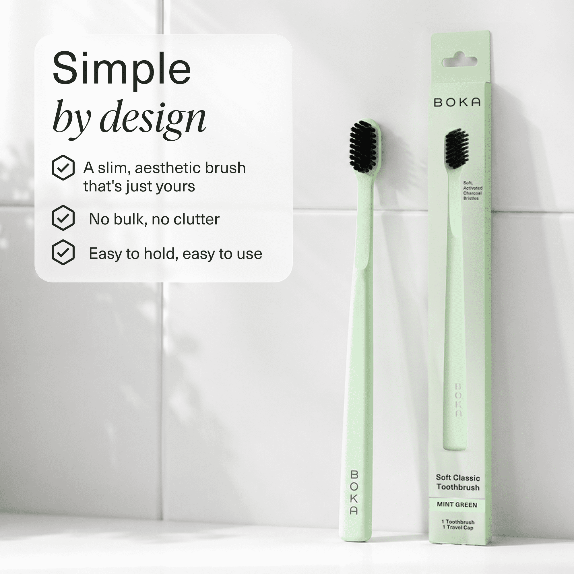 Boka Activated Charcoal Soft Bristle Toothbrush, Mint Green, 1 Pack