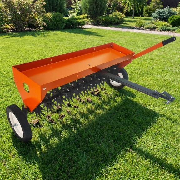 TEQIN 40" Lawn Aerator Tow Behind, Pull Behind Aerator with Hitch, Galvanized Steel Tines, Tray and Pneumatic Tires,Plug Behind Aerator is Suitable for Gardens, Lawns and Farms