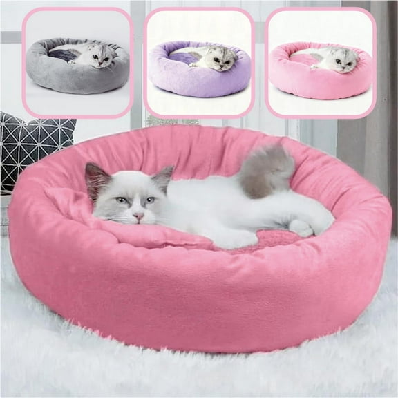 14in Round Cat Beds for Indoor Cats Small Dog Bed with Pillow, Washable Soft Plush Calming Pet Bed for Kittens Puppy, Pink