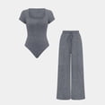 thumbnail image 5 of Women's Ribbed Two Piece Set, Square Neck Crop Top and High Waist Wide Leg Pants Set, Casual Summer Outfit with Side Pockets, Fashion Two Piece Outfit for Going Out Outfits Grey, 5 of 8