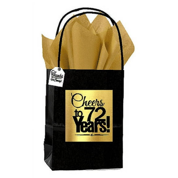 Black & Gold 72nd Birthday / Anniversary Cheers Themed Small Party Favor Gift Bags with Tags -12pack