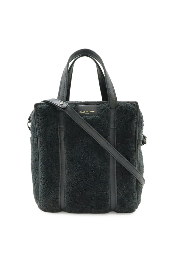 Pre-Owned BALENCIAGA Bazaar Shopper XS Handbag Shoulder Bag Leather Shearling Black 452458