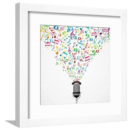 Music Note Design - Microphone Colorful Music Notes Splash Framed Print Wall Art By Cienpies Design