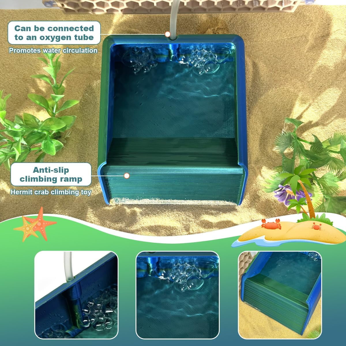 Hermit Crab Water Bowl with Climbing Ramp, Reptile Feeding Water Dish Tank Accessories for Hermit Crab Bearded Dragon Lizard Tortoise Frog Gecko (Navy Blue)