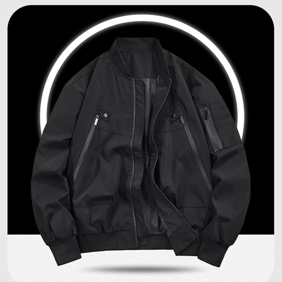 Maoxin Mens Jackets Men's Fashion Solid Color Zipper Pocket Long Sleeved Casual Jacket Black L
