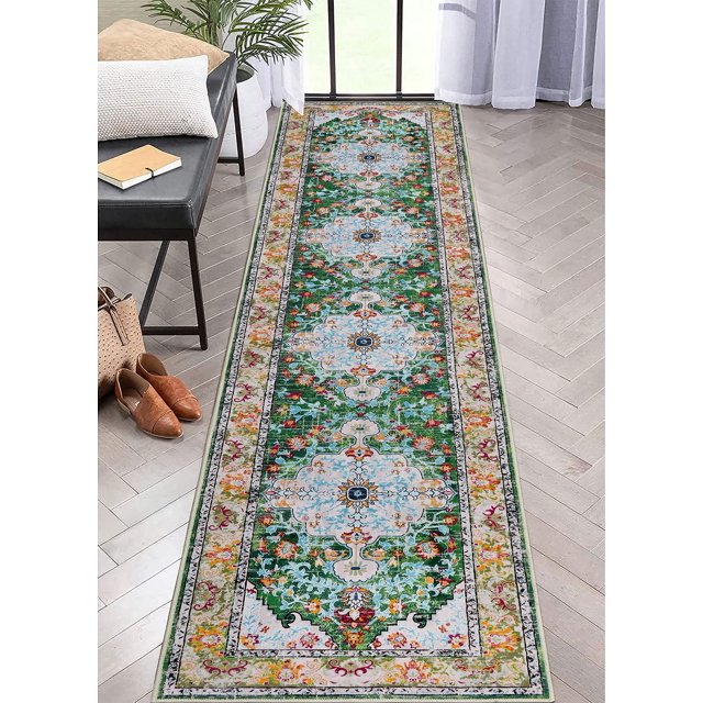 Findosom 2'x10' Hallway Runner Rug Washable Vintage Kitchen Laundry Runner with Non Slip Backing Farmhouse Entryway Living Room Floor Mat Stain Resistant Runner Carpet Green