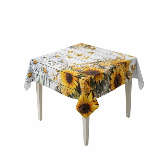 Farmhouse Sunflower Table Cloth, Waterproof Tablecloth for Square Tables, Vintage Daisy Butterflies Gray Wood Reusable Washable Fabric Table Cover for Restaurant Kitchen Dining Tables 60"x60"
