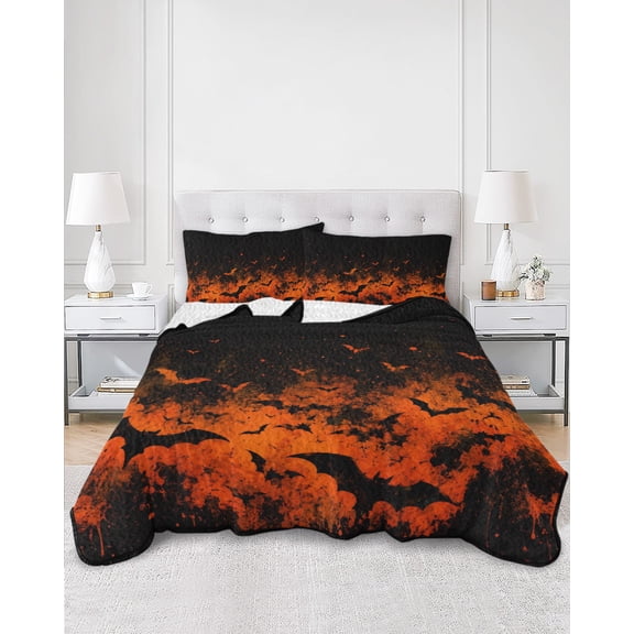 Quilts Twin XL Size, Halloween Soft Comforter Bedding Set for Bed, Spooky Night Fiery Glow Bat Swarm Lightweight Quilted Bedspread with Pillow Cover(2 Pieces) for All Season, 68x98 Inch