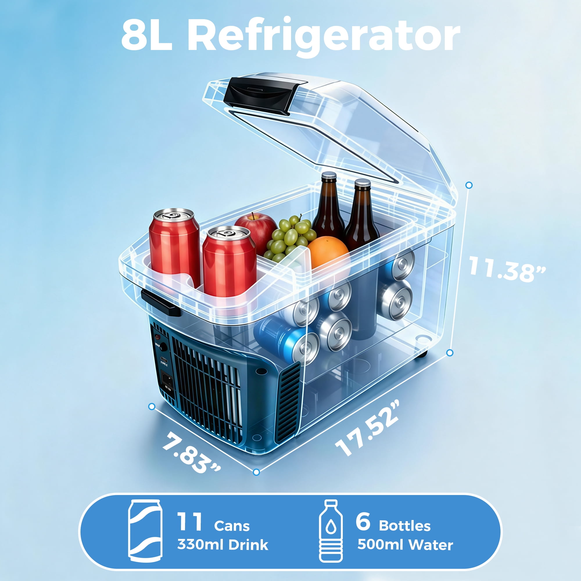 IceBlue 8L car refrigerator(9V type-C/12V DC), Dual Temperature (Cold and Hot), compact Mini Fridge for Camping, Travel, Truck, Home, Fishing, RV and Outdoor, with Shoulder Strap