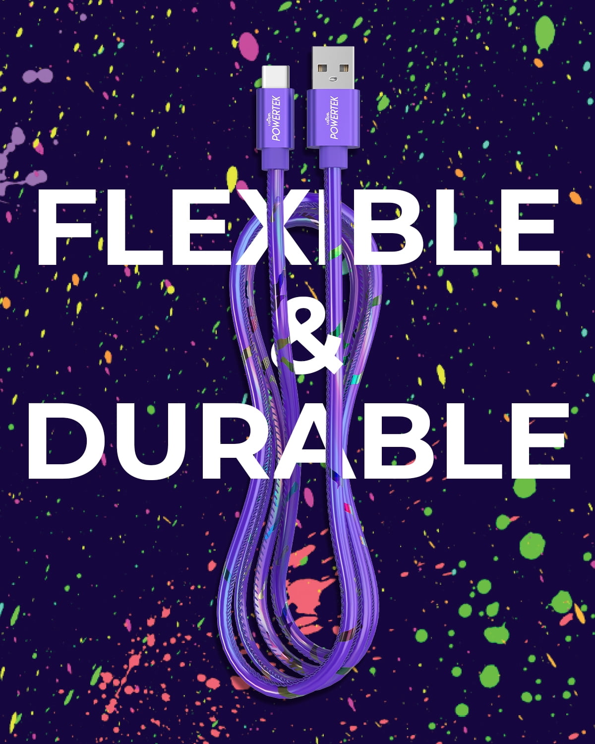 Liquipel Powertek Type-C Fast Charger Cable, 6ft USB-C for Galaxy, Note, Tab, MacBook, Neon Party