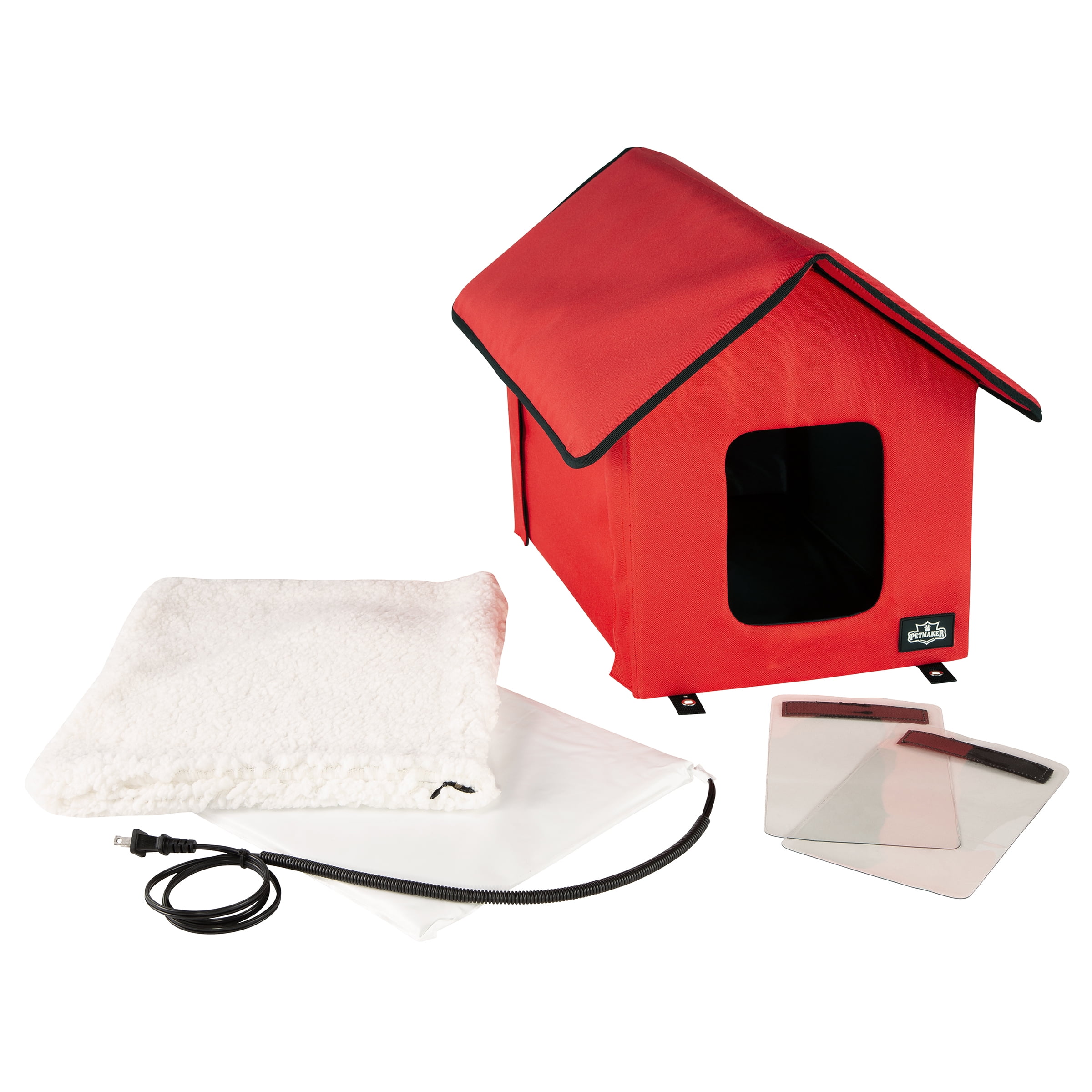 PETMAKER Heated Cat House with Heating Pad and Sherpa Cover (Red)