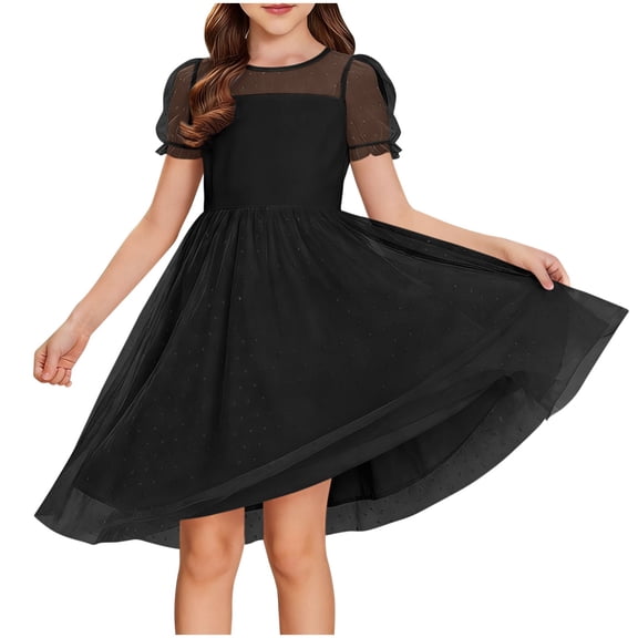 OGLCCG Tween Girls Dress Contrast Mesh Puffy Short Sleeve A Line Casual Lace Flowy Sundress Crewneck Swing Party Birthday Dress 5-16 Years