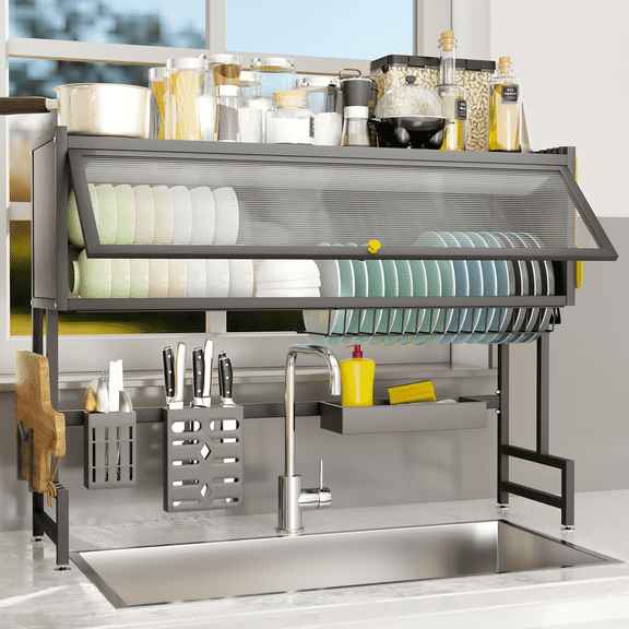 CATGOOD Over the Sink Dish Rack with Cabinet Doors , 31.5" L x 11.8" W x 33.5" H 2 Tier Stainless Steel Large Dish Drying Rack for Kitchen Counter, Black