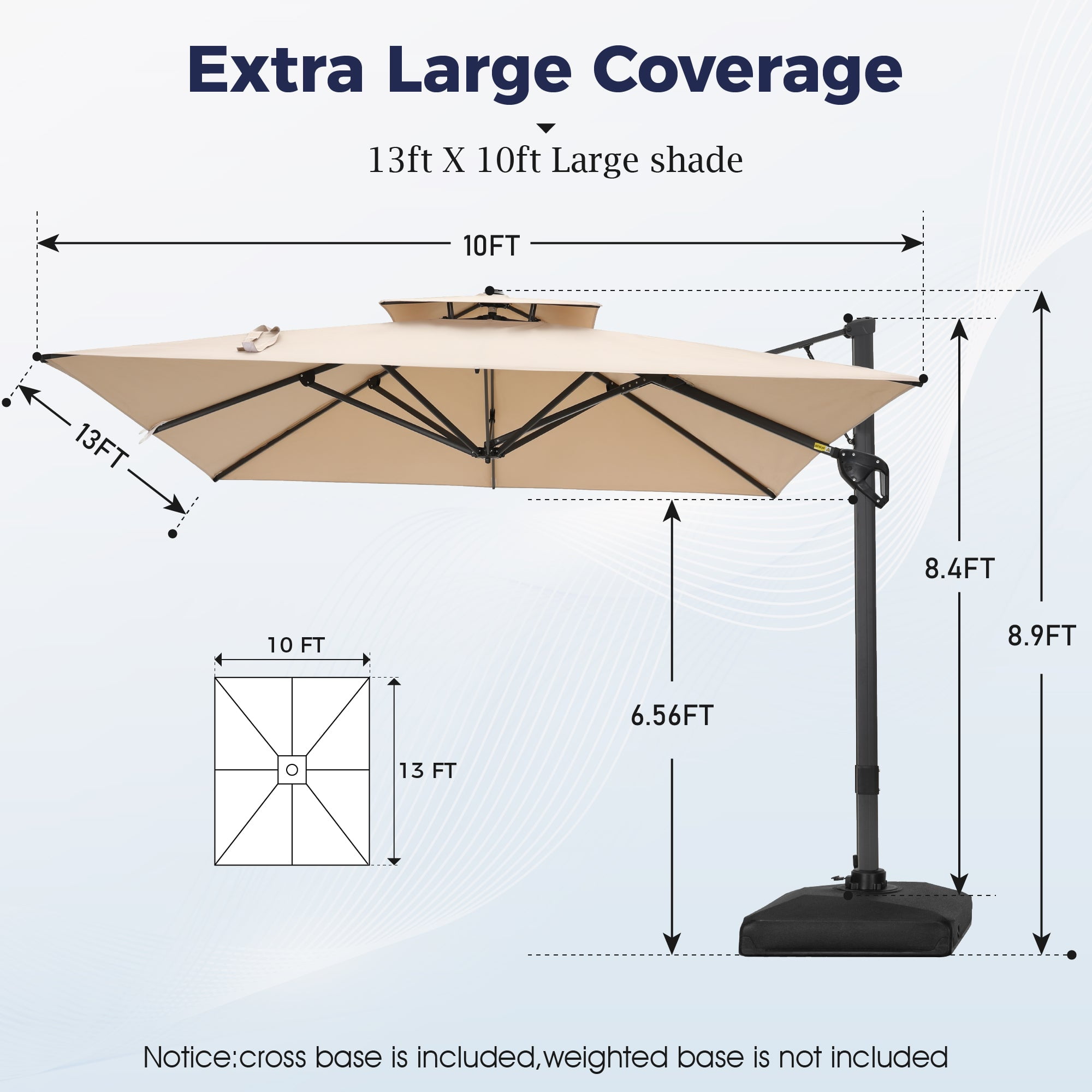 Alpha Joy 13x10ft Beige Offset Cantilever Patio Umbrella with 360° Rotation for Outdoor Use