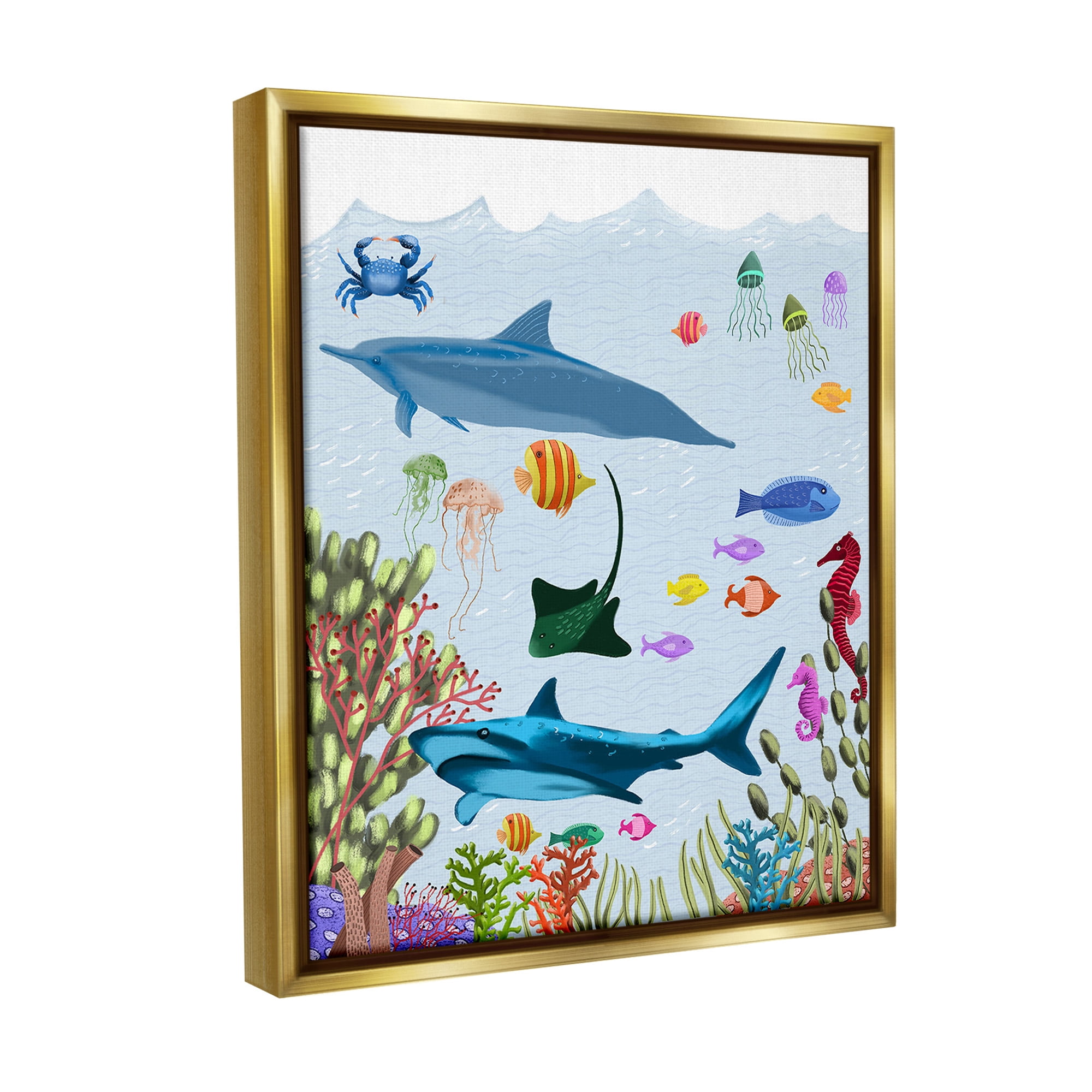 Stupell Industries Sharks & Fish Underwater Animals & Insects Painting Gold Floater Framed Canvas Art Print Wall Art, 25 x 31