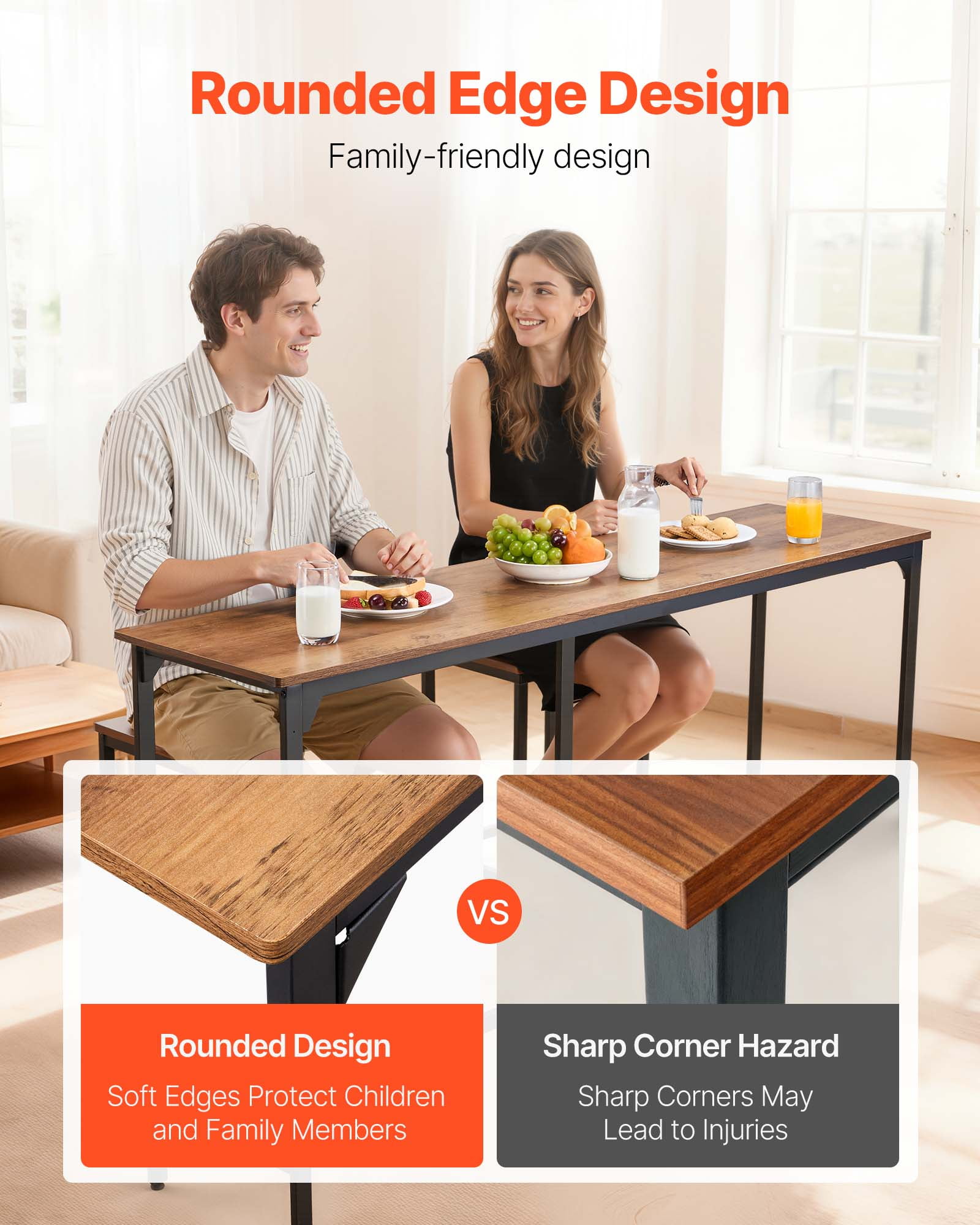 VEVOR Bar Table, 1PCS 63″ Kitchen Bar Table, Tall Dining Tables with Rounded Edge, Rectangular High Top Kitchen Tables for Balcony, Living Room, Light Brown, Black, Extended Horizontal Design