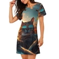 thumbnail image 2 of Balery Cool Cat Driving Sunset Pattern Womens Short Sleeve Sleepshirt Scoopneck Cute Nightdress Comfy Nightgown Loungewear Dress, 2 of 6