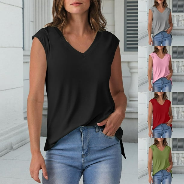 Camisas bonitas,Camiseta de tirantes con cuello en V para mujer, diseño plisado en los hombros, dobladillo con abertura, tejido de poliéster, ropa informal, sopatenor