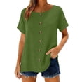 thumbnail image 3 of Women's Cotton Linen Top, Short Sleeve Round Neck Button Down Long Length Cardigan, Cute & Casual Summer Shirt for Layering, Beach Cover Up, and Vacation Wear-Blackish Green, 3 of 7