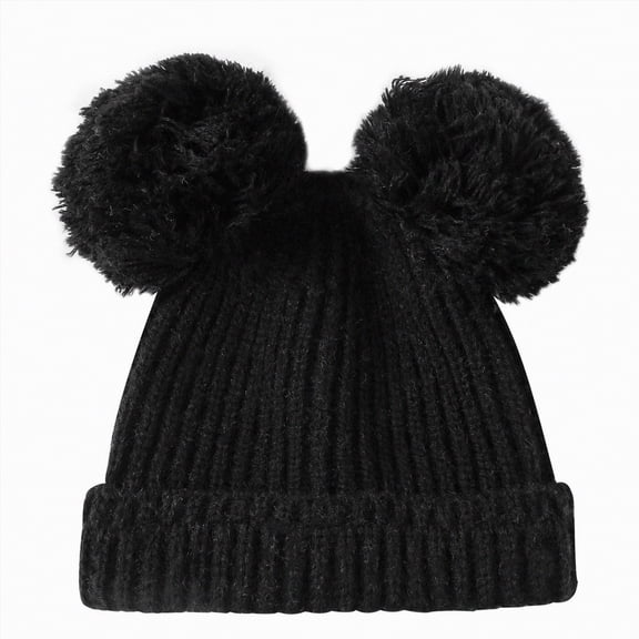 UngA Baby Pom Pom Beanie, Warm Winter Hat for Infants and Toddlers, Double Pom Poms for Baby Girls & Boys (Black,0-12 Months)