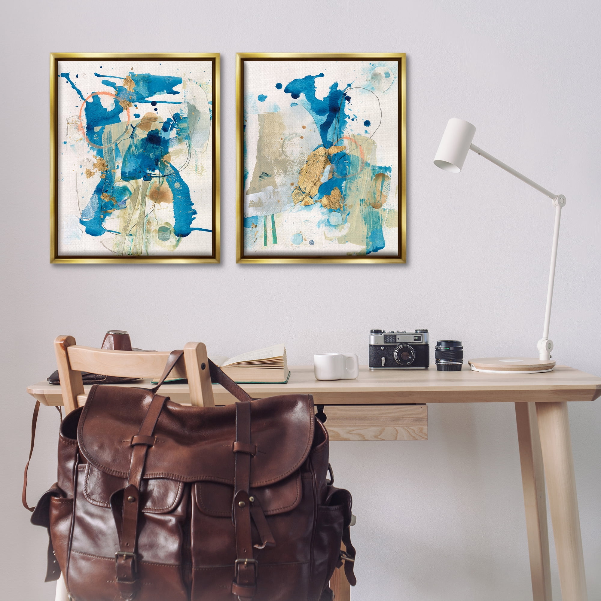 Stupell Industries Abstract Blue Gold Splash Abstract Painting Gold Floater Framed Canvas Art Print Wall Art, 31 x 25, Set of 2