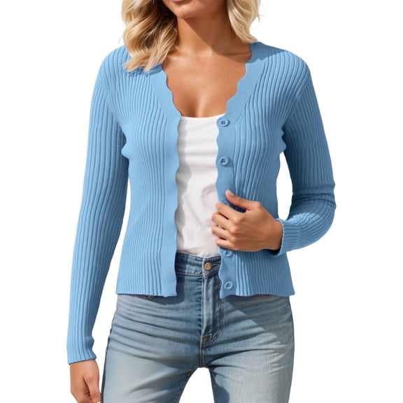 Cardigan For Women Solid Ribbed Knitted Long Sleeve Button V Neck Slim Light Weight Cardigan