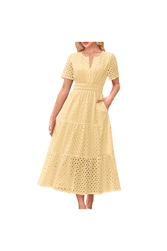 Women's Summer Short Sleeve Maxi Dress Casual V Neck Hollow Out Eyelet Ruffle Swing A Line Long Dresses YellowXXL
