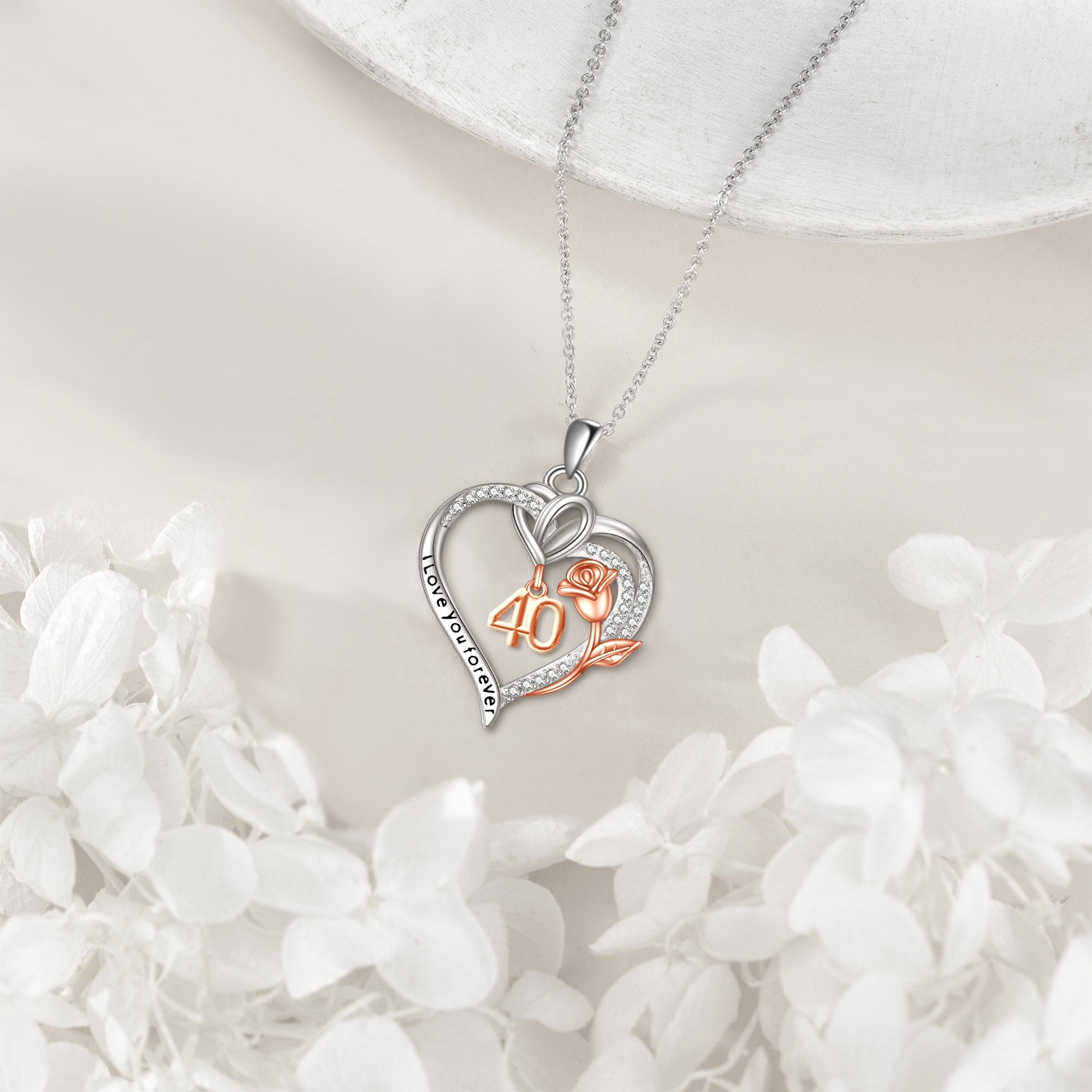 Birthday Necklace Sterling Silver 40th Birthday Pendant Necklace Heart Rose Flower Birthday Jewelry for Women Mothers Day Christmas Gifts