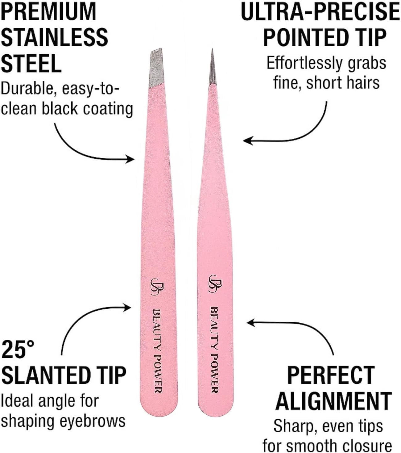 Beauty Power Professional Tweezers Set – Slant & Point, Ultra Precision German Stainless Steel Tweezers for Eyebrows, Chin, Ingrown Hair & Facial Grooming – Lightweight Travel Case  - Gift Idea