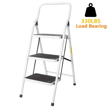 NewHome Heavy Duty 3-Step Folding Ladder - Anti-Slip Wide Pedal, 330 Lbs Capacity