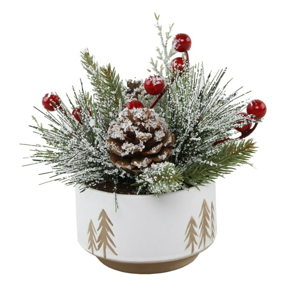 Artificial Xmas Mix in 4.25" Reverse Tree Print White Ceramic Pot