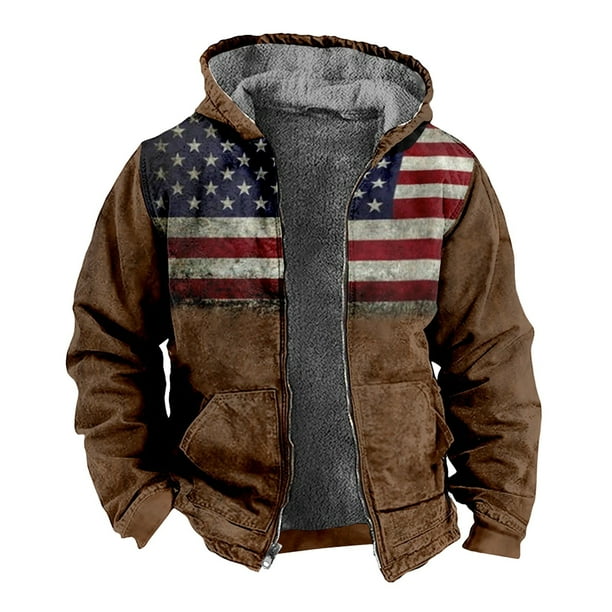 Men's Flag Print Jacket Men's Spring And Autumn Casual Trend Zipper Hooded Jacket L