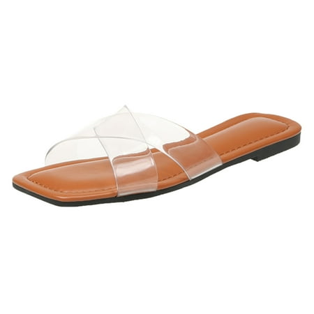

ZHAGHMIN Ladies Summer Square Toe Transparent Solid Colour Flat Soft Bottom Large Size Sandals Slippers Sandals for Women Brown Size7
