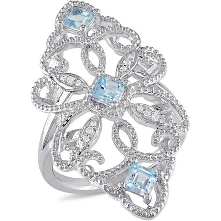 Tangelo 1-4/5 Carat T.G.W. Blue Topaz and Diamond-Accent Sterling Silver Flower Ring