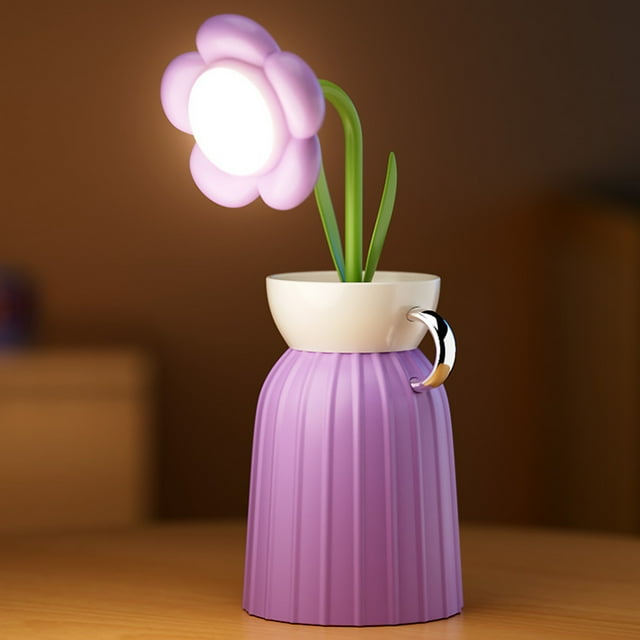 Lámpara de escritorio inalámbrica con flor y jarrón | Cuello de Oco flexible de 360 grados | 3 modos de color Atenuación escalonada | USB Recargable | 16 pulgadas de altura | Iluminación Portátil