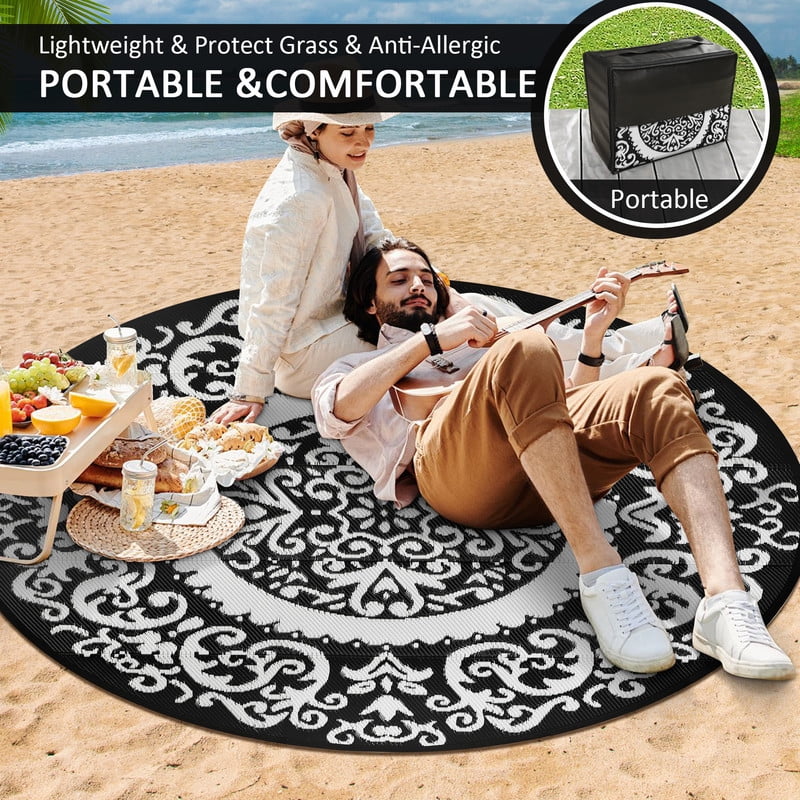 Aonewoe Round Outdoor Rugs 6Ft Waterproof Patio Plastic Straw Rug Reversible Camping Carpet Indoor Outdoor Area Rug for Patio,Deck,Balcony,Picnic,Beach,Outside