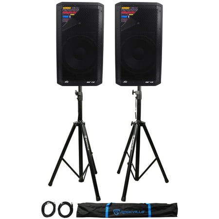 (2) Peavey DM 112 12" 1000W Powered PA Speakers+Stands+Cables+Bag