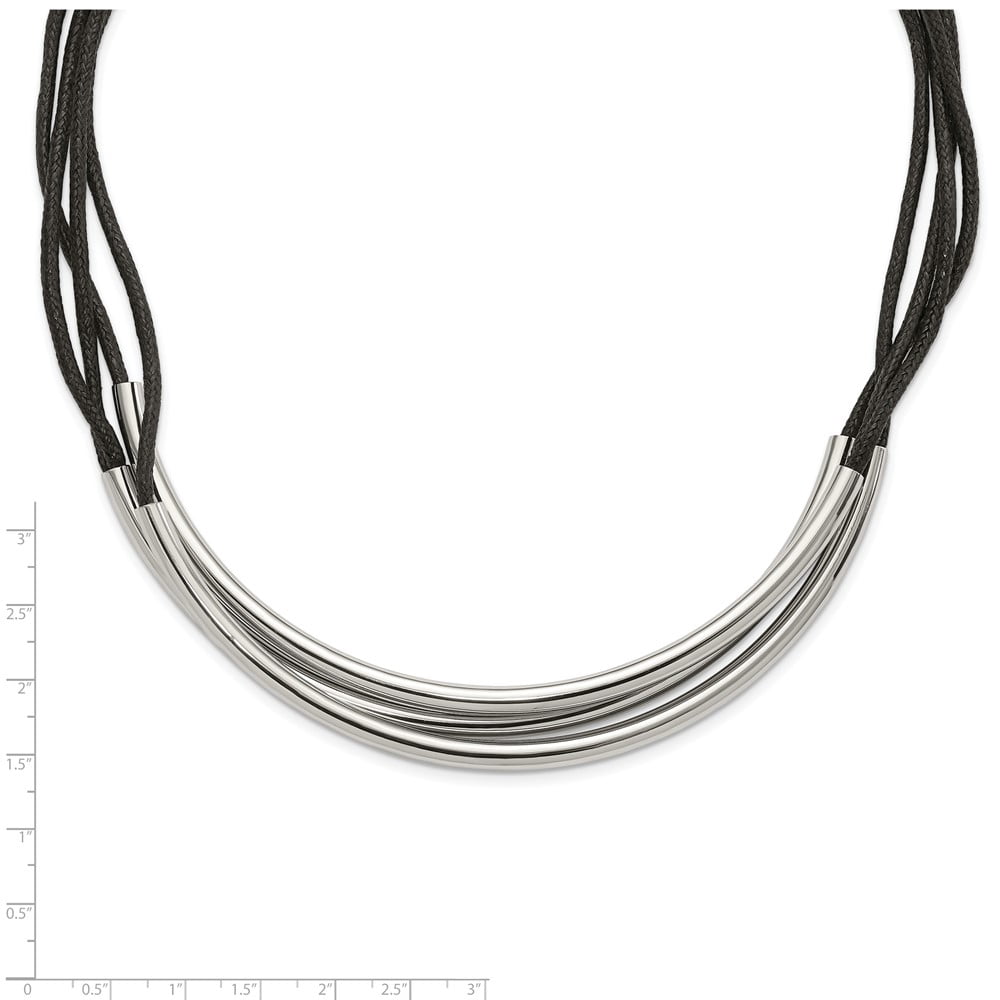 Stainless Steel Cord & Leather Necklace Chain Polished 3 Tube w/ Black Wax 18 inch 5 mm