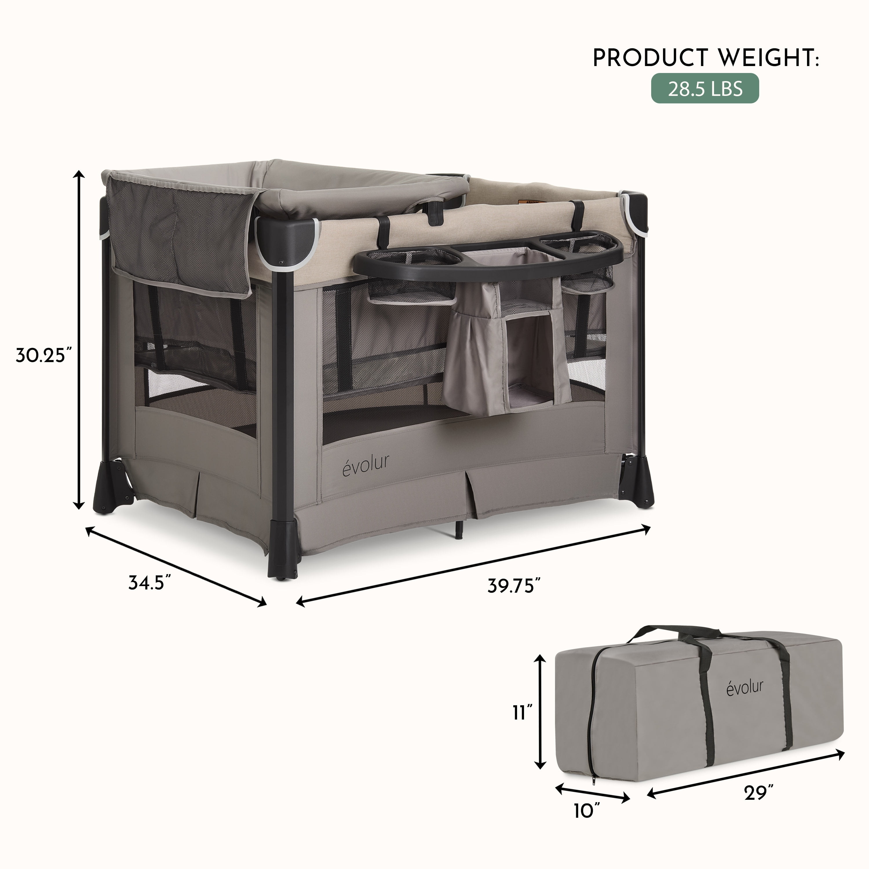 Evolur Cozy Cove All-in-One Portable Playard Beige with Bassinet & Changing Table – Quick-Fold Travel Playard with Breathable Mesh Sides, Travel Bag Included