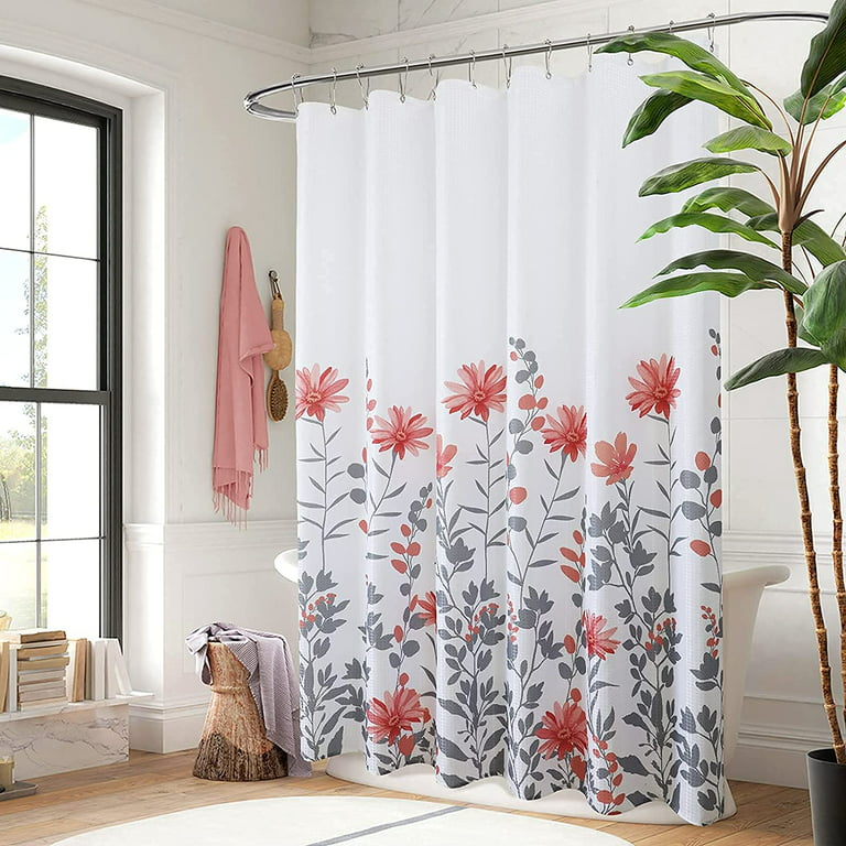 Floral Pink Shower Curtain Sets with 12 Hooks Fabric Shower Curtain for Bathroom  Flower White Modern Waffle Weave Shower Curtain Sunflower Bath Curtain  Decor Washable Spiced Coral Grey 72x72 Inch 