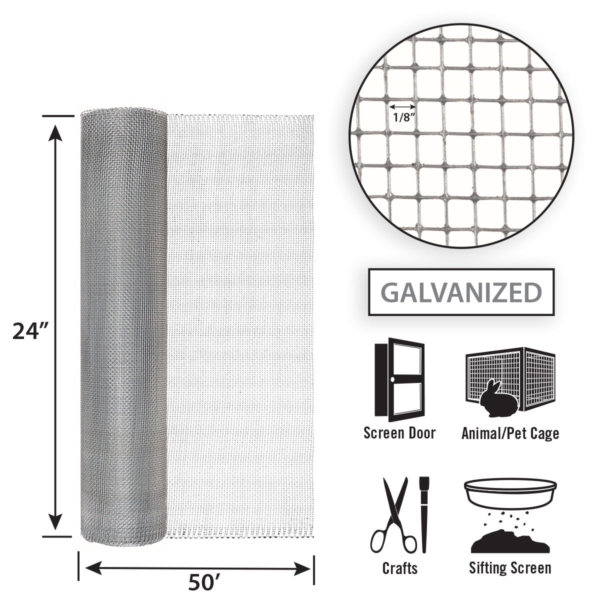 24in H x 50ft L Galvanized Hardware Cloth with 1/8in Openings