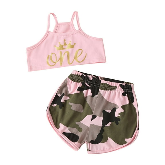 Boys Girls Two Piece Outfits Toddler Baby Girl Camouflage Letter Print Sling Vest Clothes Kids Two-piece Suit Summer Outfits for Girls Boys