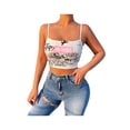thumbnail image 3 of Seyurigaoka Women Juniors Summer Bodycon Navel Camisole, White Letters  Graffiti Print Spaghetti Strap Cropped Tank Tops, 3 of 9